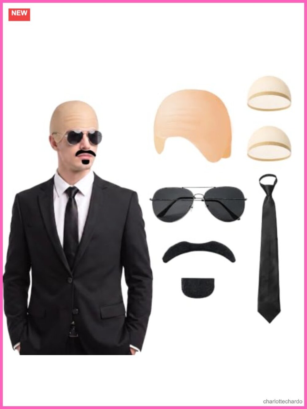 Bald Cap Costume Set with Wig Caps Aviator Sunglasses Mustache Tie